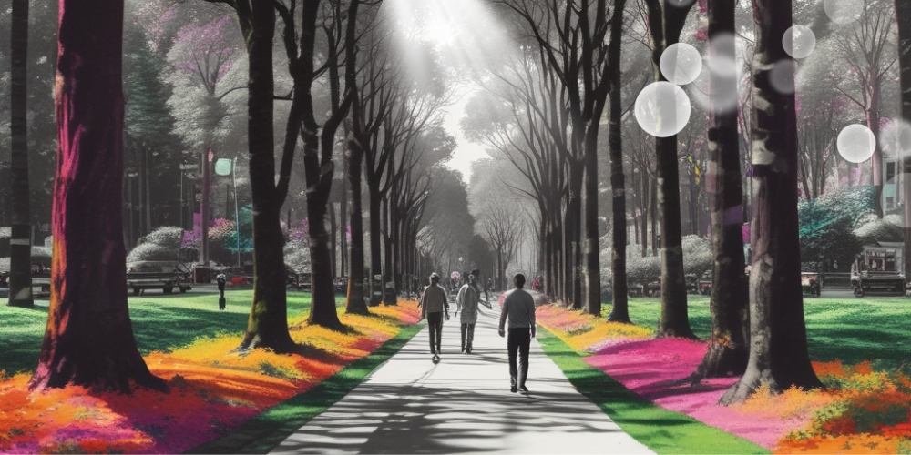 Menschen auf einem Weg durch eine Baumallee.